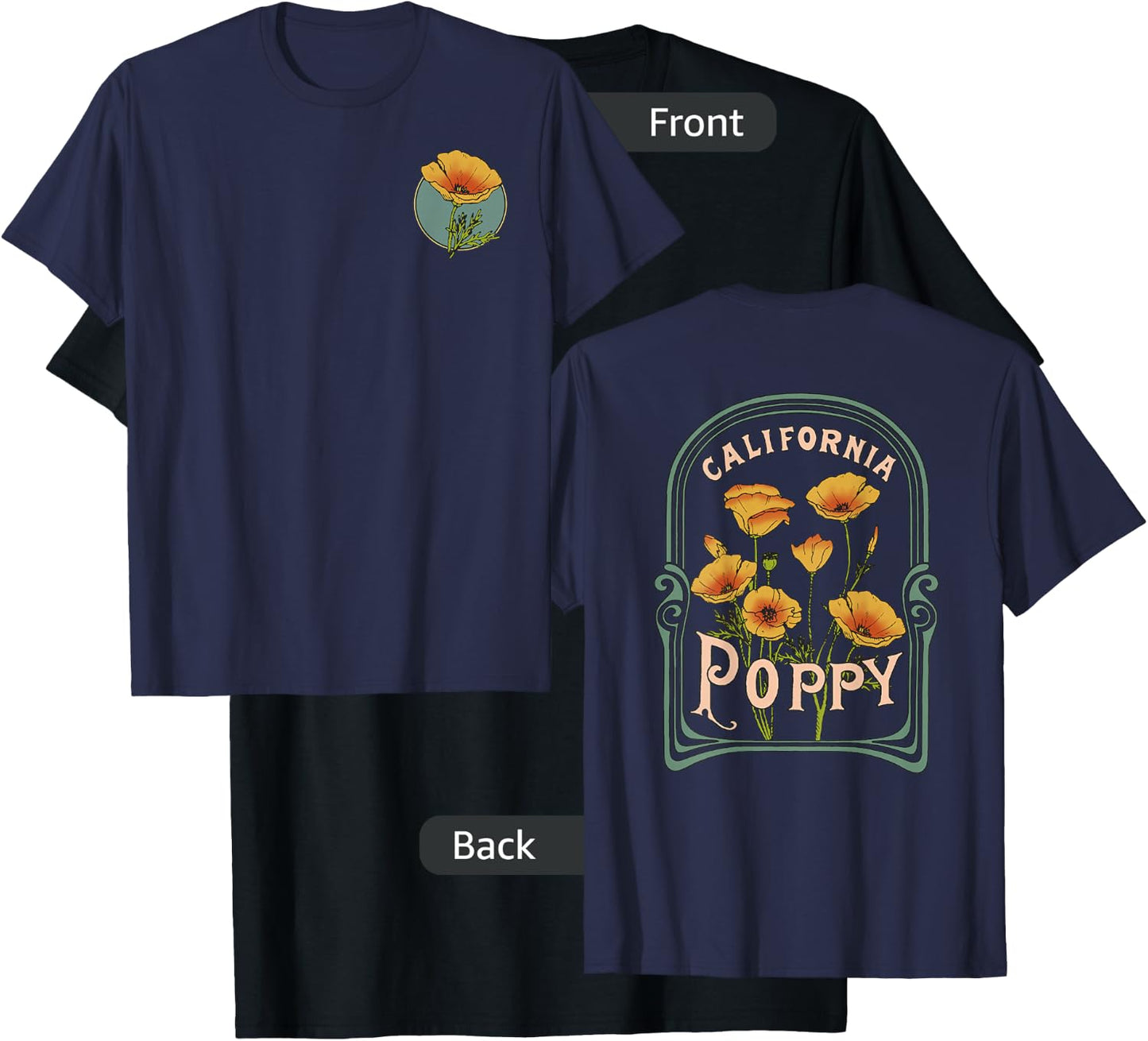 California Poppy Creative Outline and Picture Front & Back T-Shirt - T-Shirt | Black