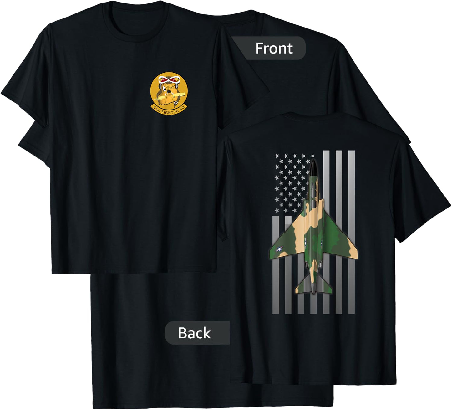 61st Fighter Squadron F-4 Phantom II and US Flag T-Shirt - T-Shirt | Black