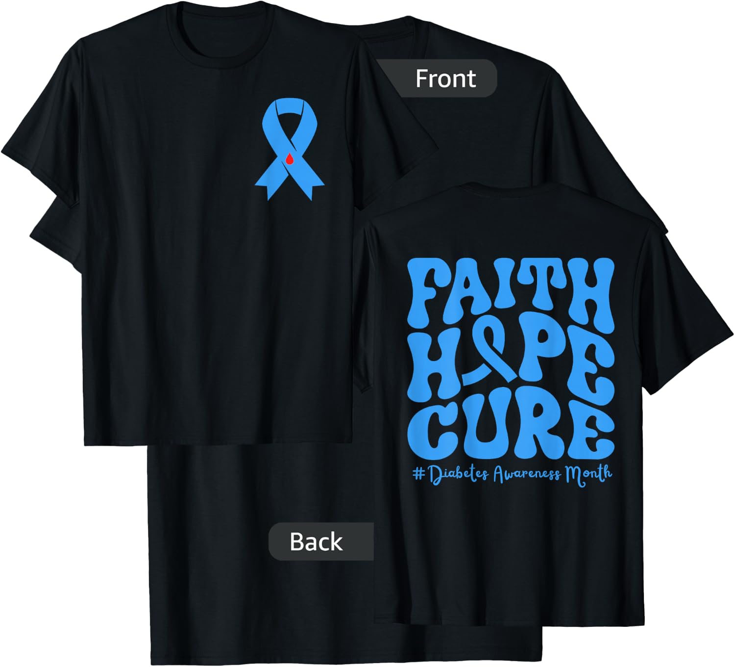Diabetes Awareness Month Blue Love Ribbon Support T1D T2D T-Shirt - T-Shirt | Black