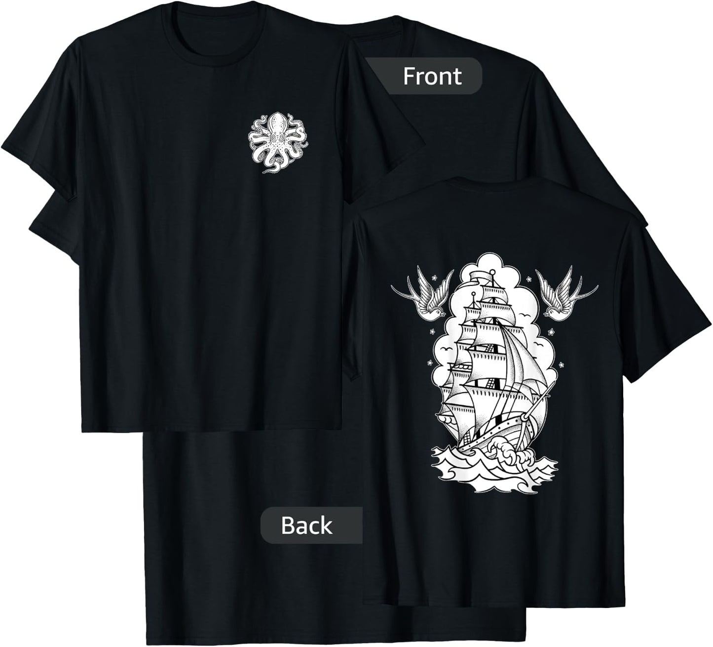Octopus, Old School Sailor Tattoo Clipper Ship and Swallows T-Shirt - T-Shirt | Black