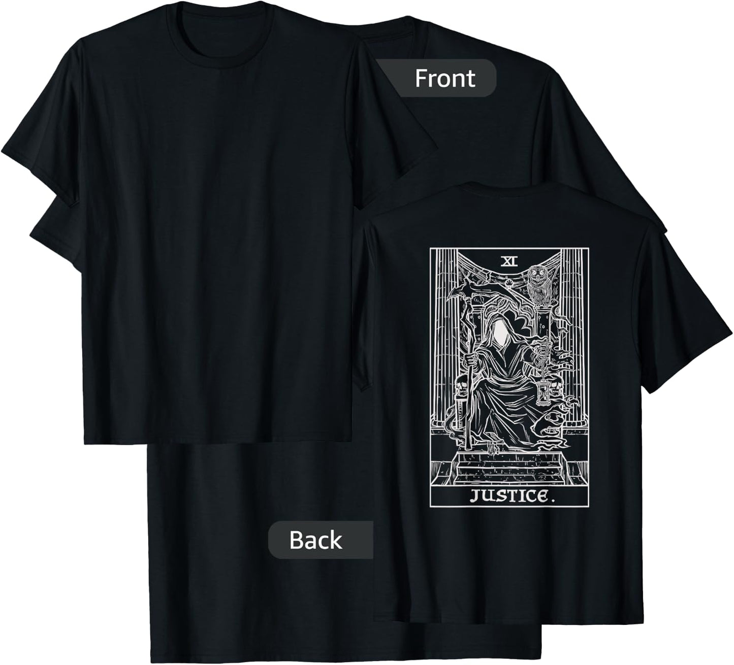 Justice Tarot Card Grim Reaper Halloween Gothic Back Print T-Shirt - T-Shirt | Black