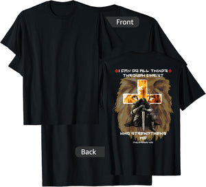 Back Print Bible Verse Gifts Men Dad Christian Lion Cross T-Shirt - T-Shirt | Black