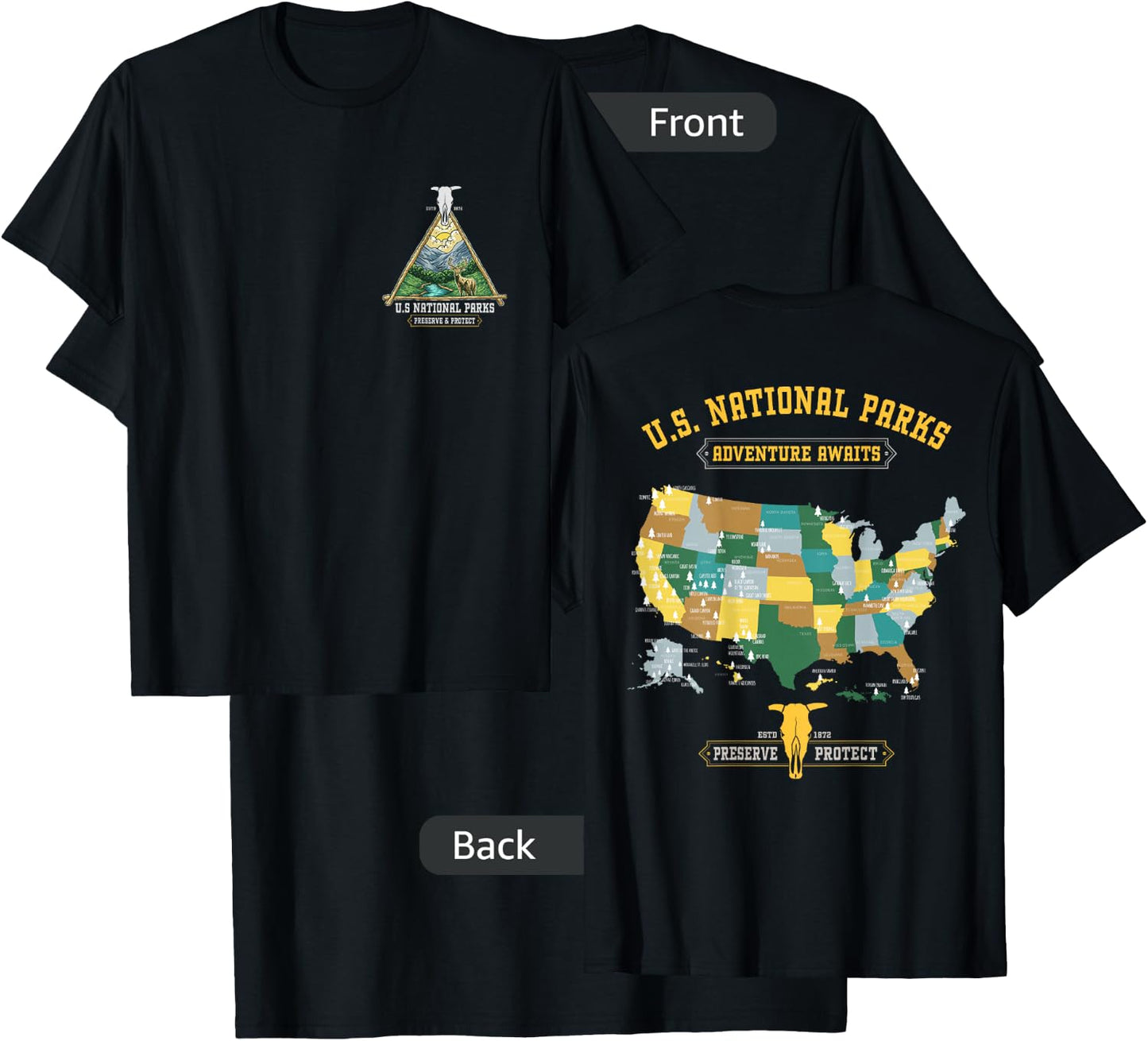 All 63 US National Parks Adventure Map Graphic(+ back print) T-Shirt - T-Shirt | Black