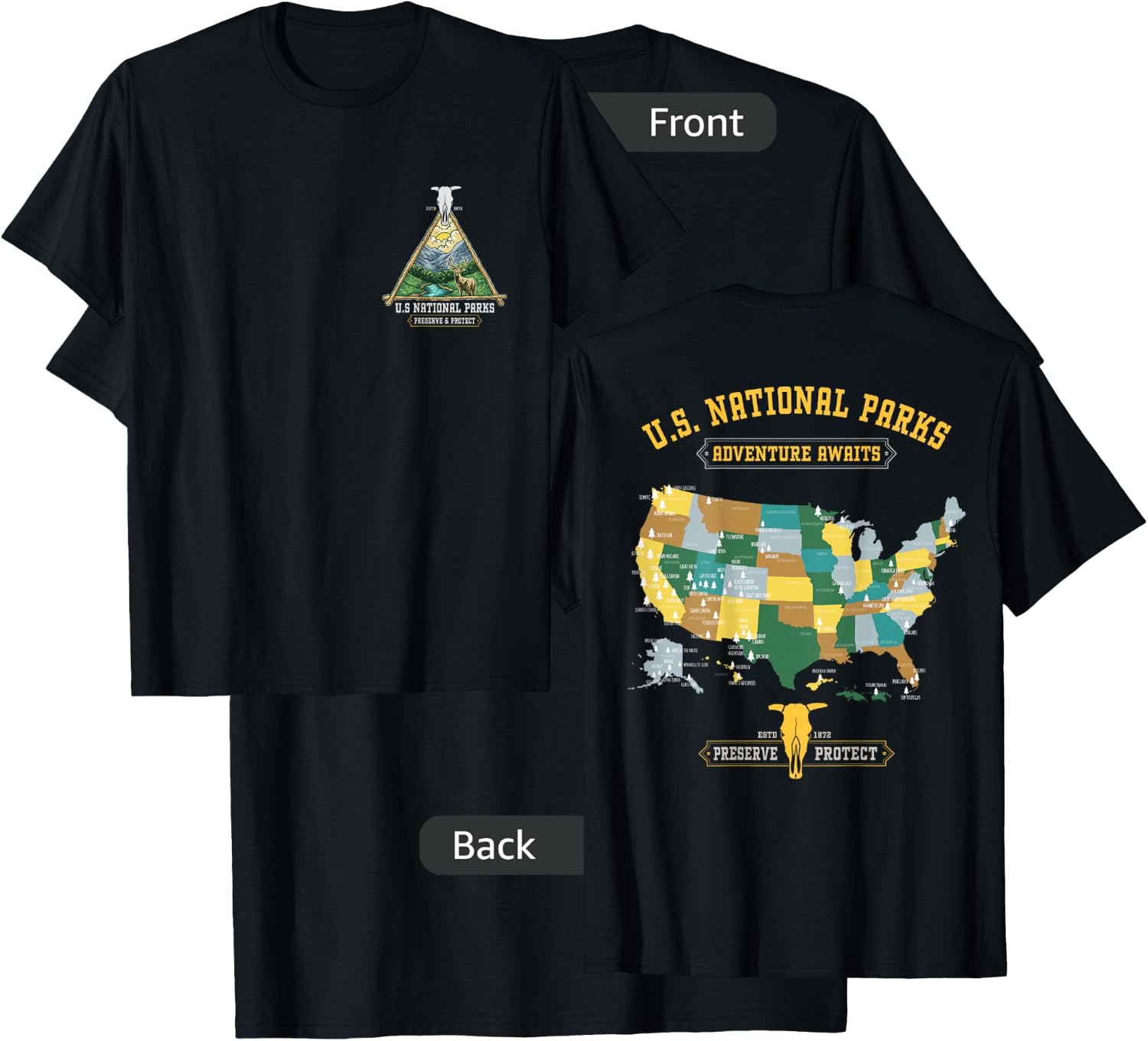 All 63 US National Parks Adventure Map Graphic(+ back print) T-Shirt - T-Shirt | Black