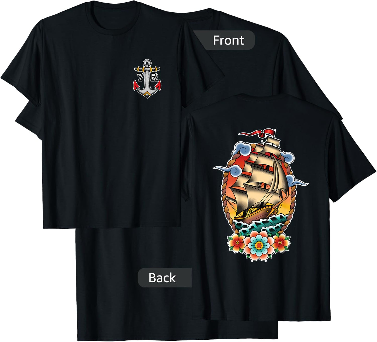 Old School American Traditional Tattoo Flash Clipper Ship T-Shirt - T-Shirt | Black