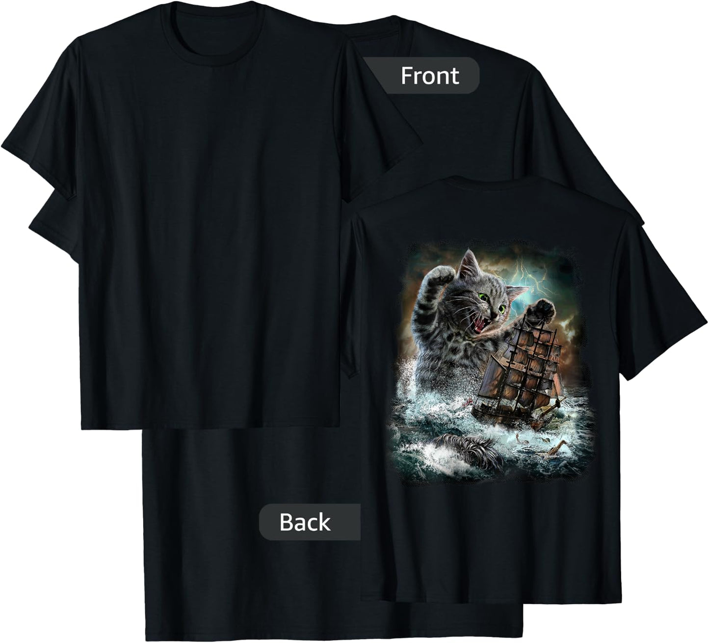 Giant Cat as Kraken Sea Monster Ambush a War Ship in Ocean T-Shirt - T-Shirt | Black