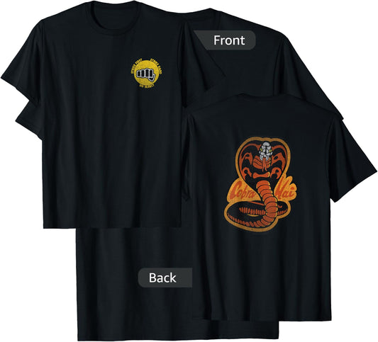 Cobra Kai Cobra Strike Hard Cobra Front and Back Logo Show T-Shirt - T-Shirt | Black