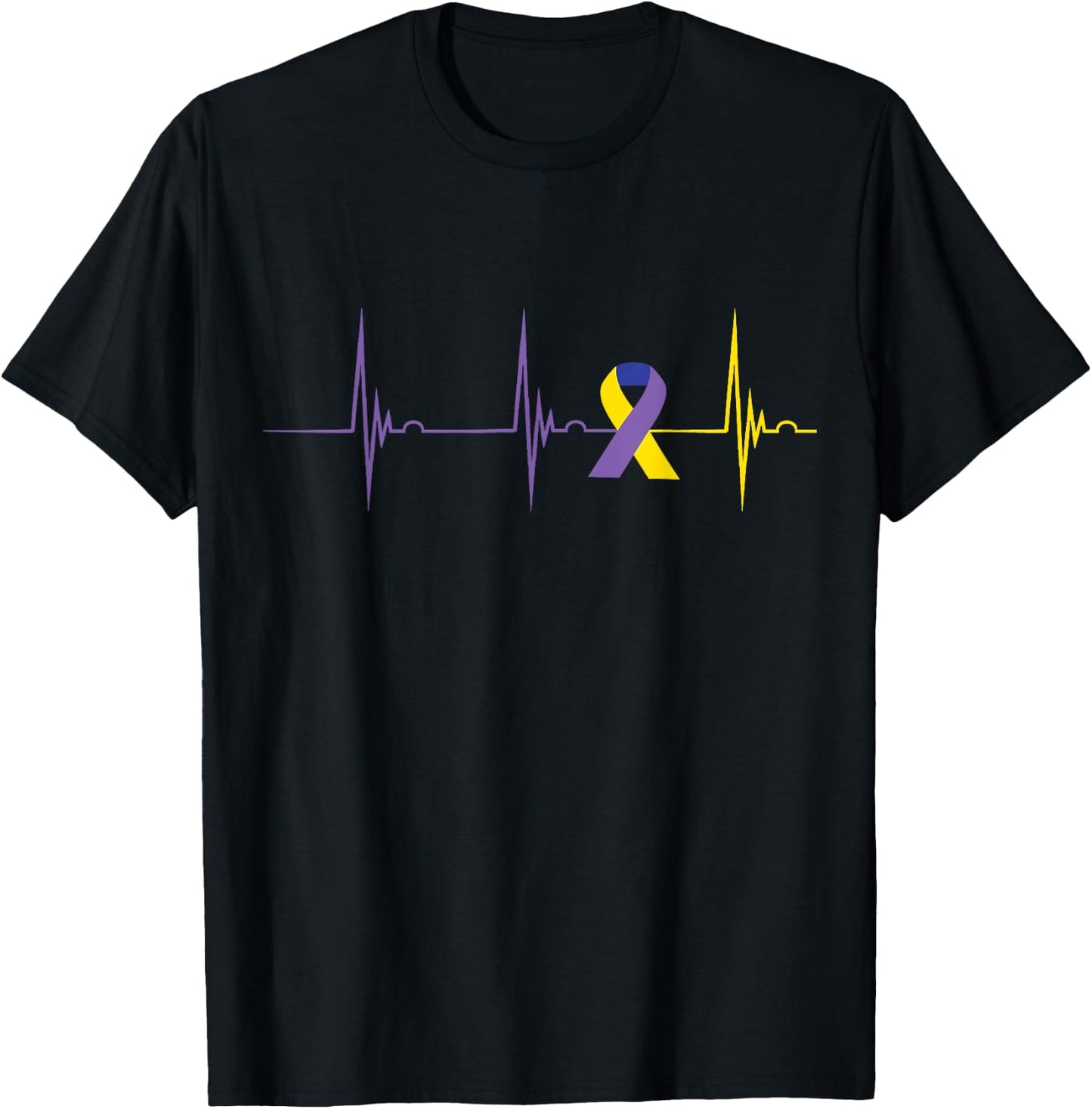 Blue Yellow Purple Ribbon Heartbeat EKG Pulse Bladder Cancer T-Shirt - T-Shirt | Black