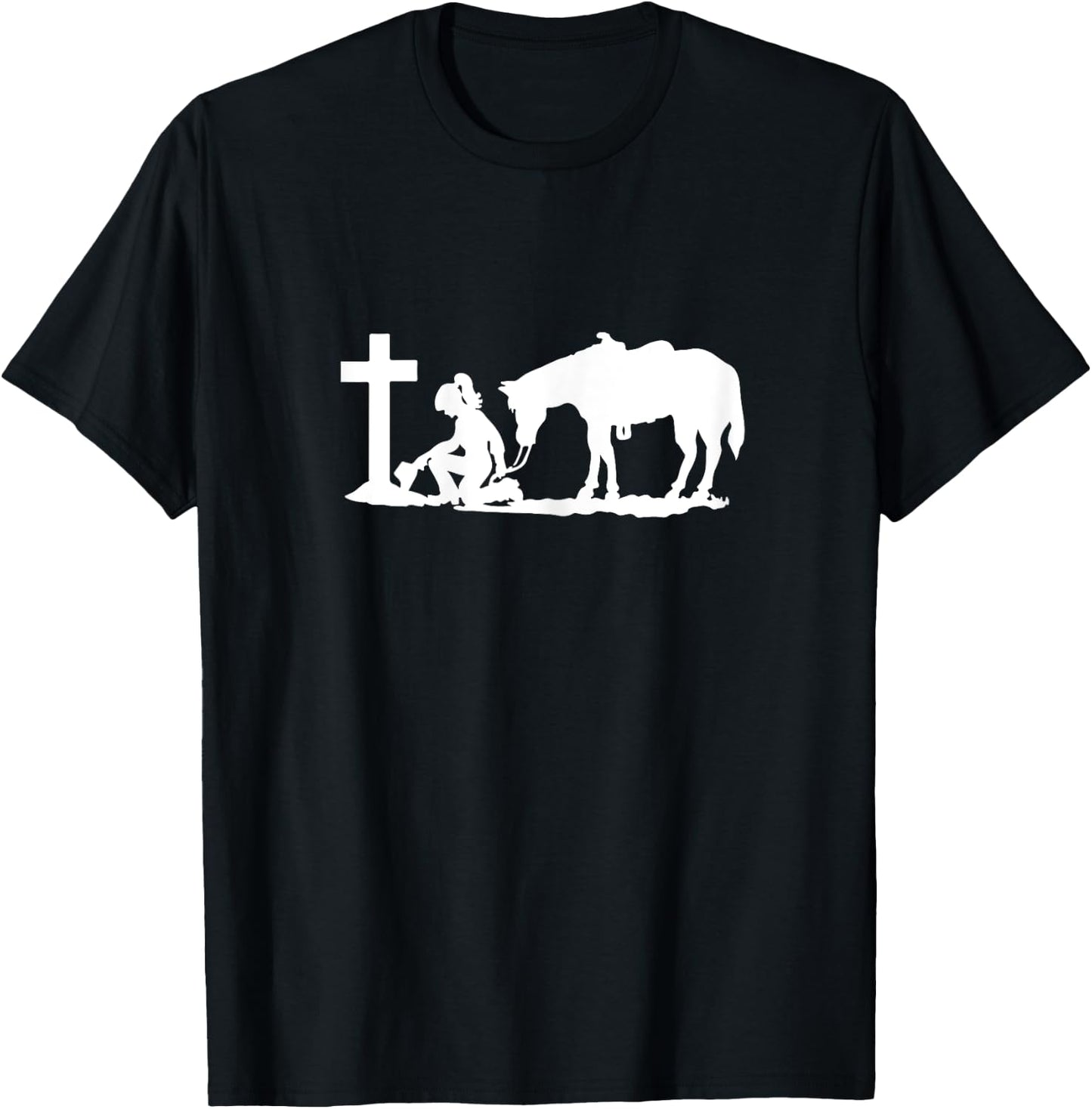 Cowgirl and a Horse Praying Cross Western Women T-Shirt - T-Shirt | Black