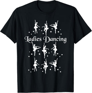 Merry Christmas Apparel Company Nine Ladies Dancing Christmas Twelve Days of Christmas T-Shirt - T-Shirt | Black