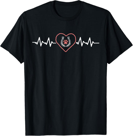 Cute Heartbeat Horseshoe Dog Paw Horse and Dog Lover T-Shirt - T-Shirt | Black