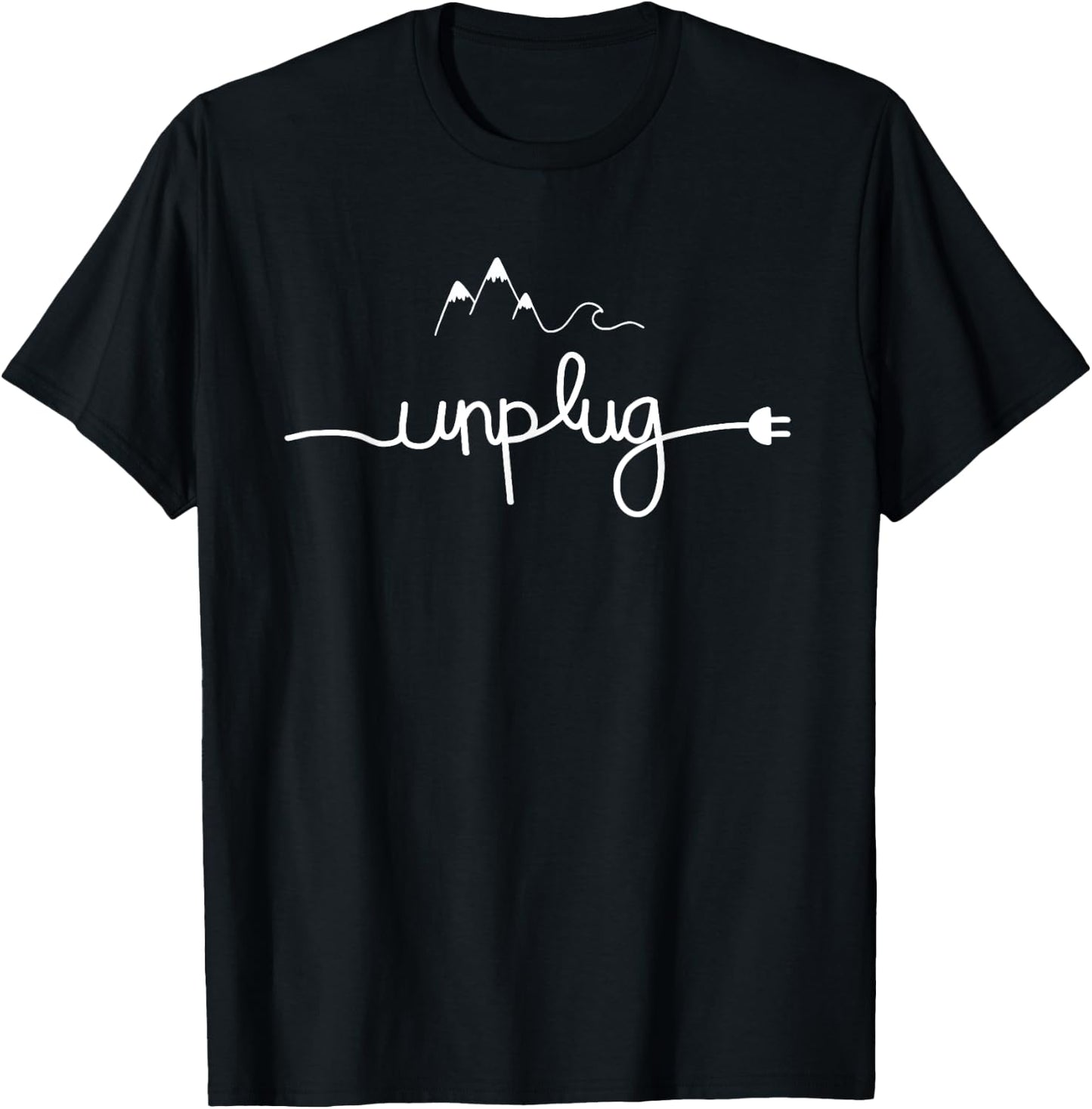 Simple & Cool Minimalist Mountain and waves graphic, UNPLUG T-Shirt - T-Shirt | Black