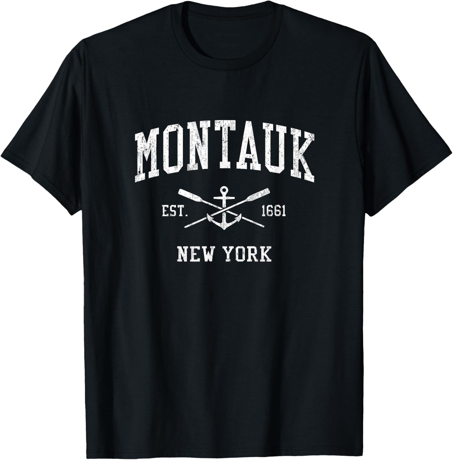 Montauk NY Vintage Crossed Oars & Boat Anchor Sports T-Shirt - T-Shirt | Black