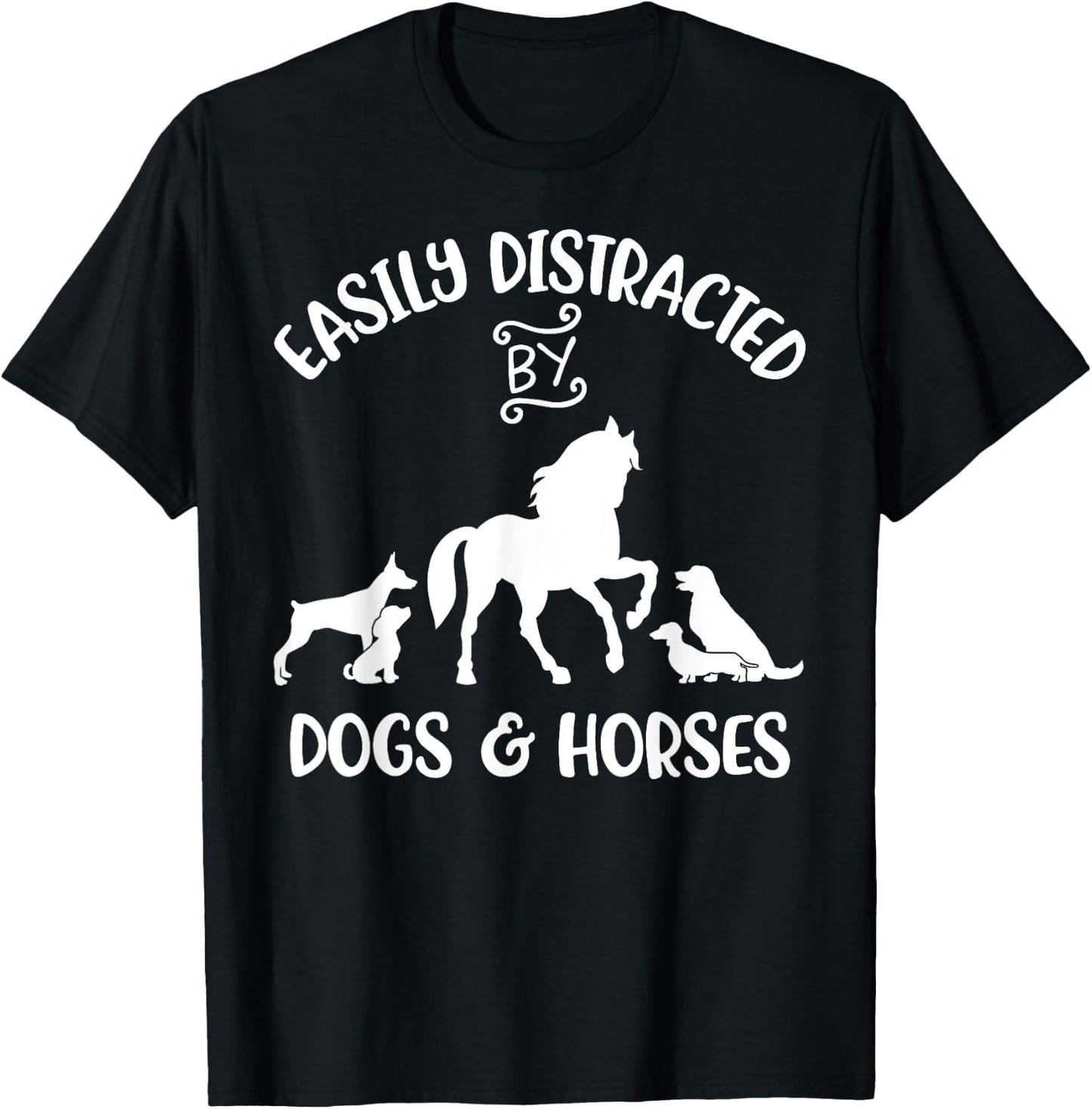 Easily Distracted By Dogs and Horses Women Kids Horse Girl T-Shirt - T-Shirt | Black