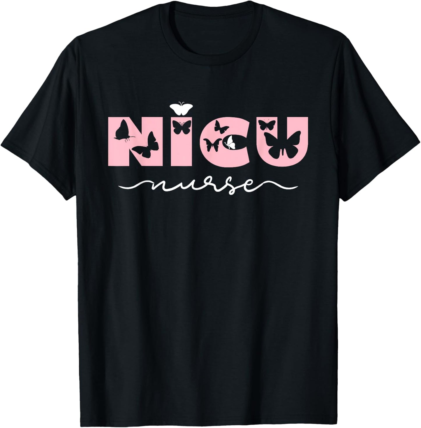NICU Nurse Pink Cute Butterfly Pediatric Neonatal T-Shirt - T-Shirt | Black
