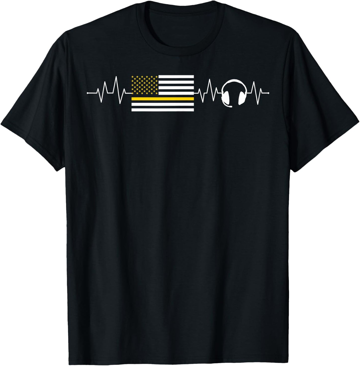 Heartbeat 911 Dispatcher Thin Yellow Line Emergency US Flag T-Shirt - T-Shirt | Black