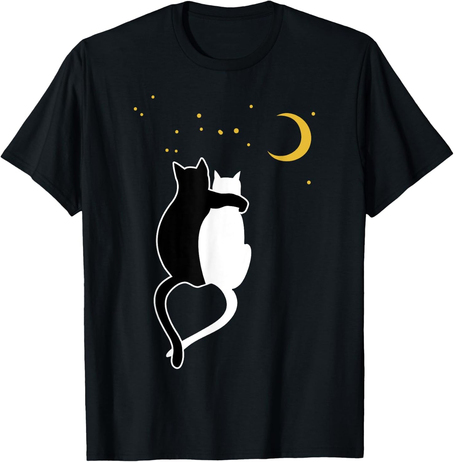 Black cat, white cats hug and moon, stars T-Shirt - T-Shirt | Black