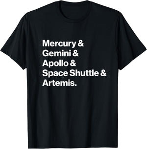 NASA Space Programs Mercury Gemini Apollo Shuttle Artemis T-Shirt - T-Shirt | Black