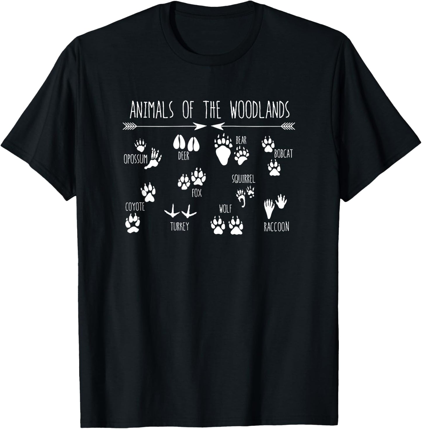 Animals Of The Woodlands Footprint Guide Fun Cute Graphic T-Shirt - T-Shirt | Black