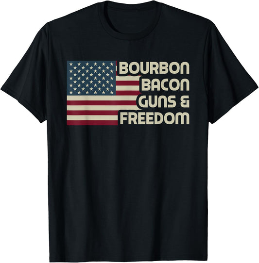 Bourbon Bacon Guns & Freedom USA American Flag Funny Vintage Women Men T-Shirt - T-Shirt | Black