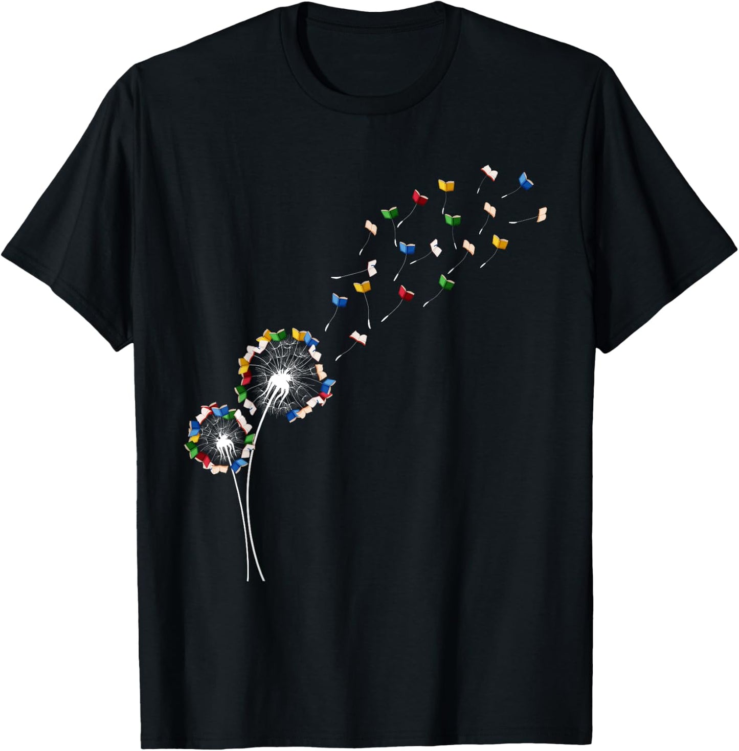Book Lovers Cute Dandelion With Books Image T-Shirt - T-Shirt | Black