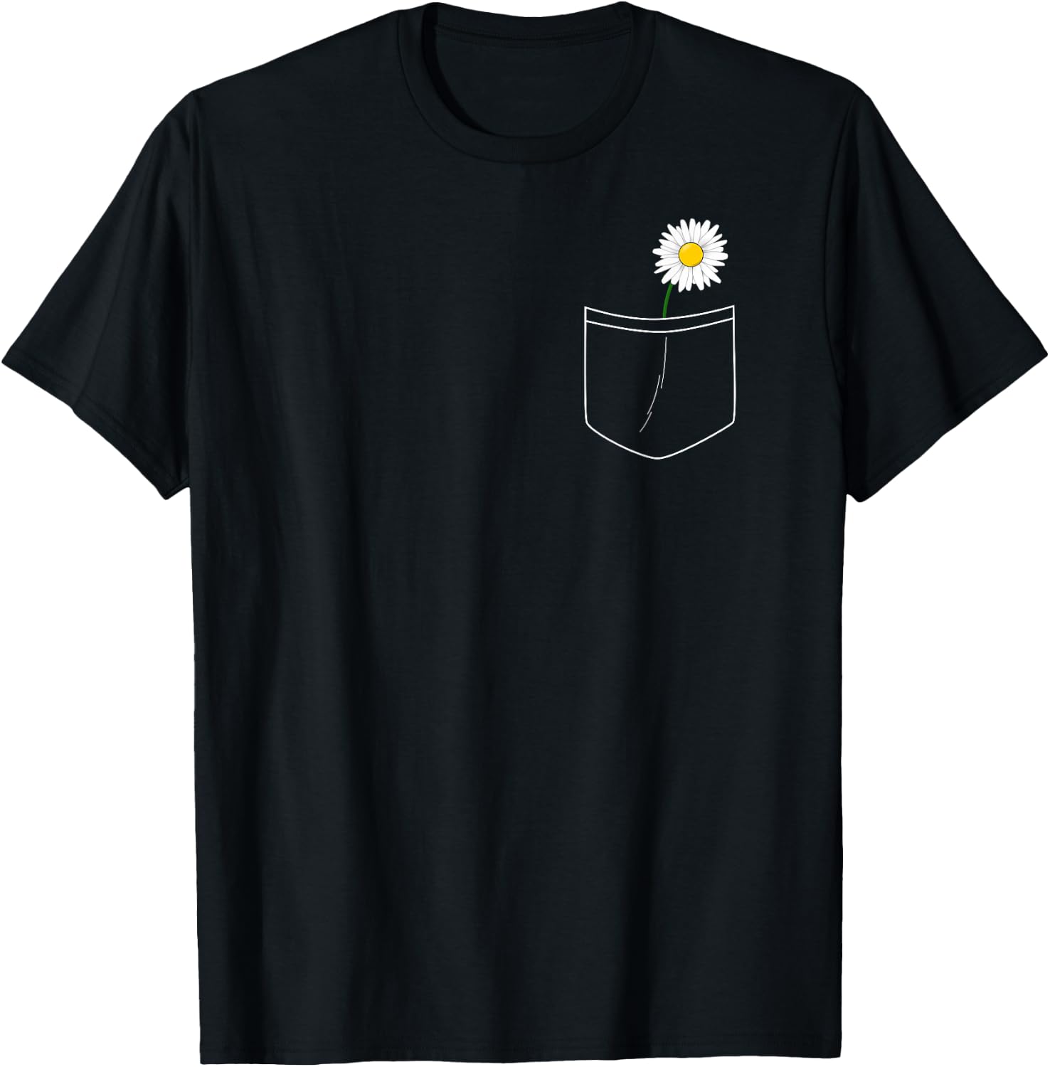 White Daisy Pocket Cute Flower Pocket T-Shirt - T-Shirt | Black