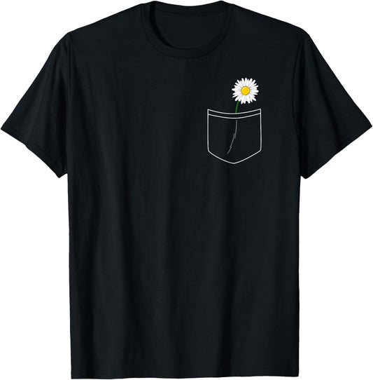 White Daisy Pocket Cute Flower Pocket T-Shirt - T-Shirt | Black