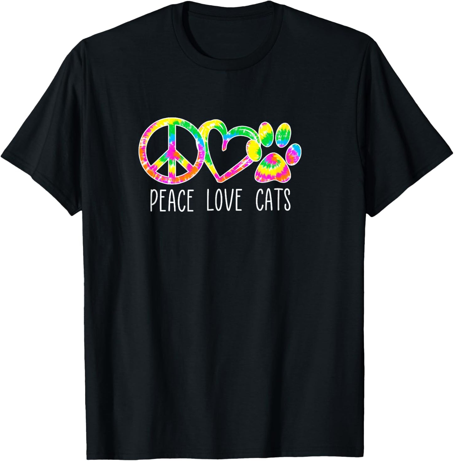 Cat Lover Shirts Peace Love Cats Kittens Paw Bright Tie Dye T-Shirt - T-Shirt | Black