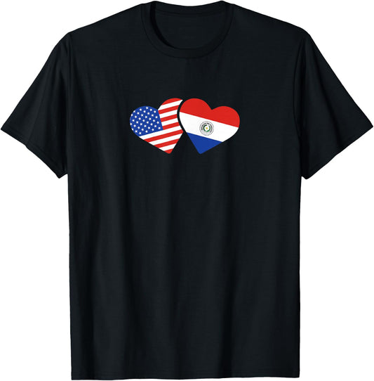 USA Paraguay Flag T Shirt Hearts Paraguayan American Love T-Shirt - T-Shirt | Black