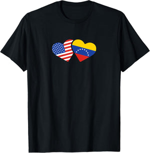 USA Venezuela Flag Hearts T Shirt Venezuelan American Love T-Shirt - T-Shirt | Black