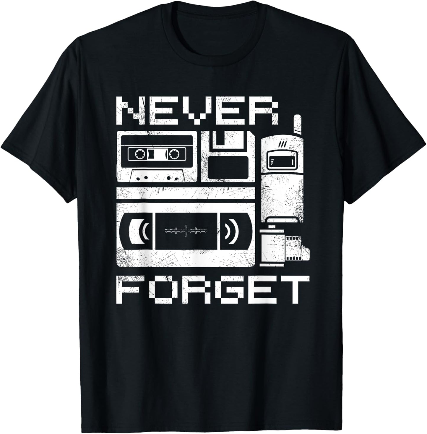 Never Forget The 90's Floppy Disk Flip Phones VHS Cassette T-Shirt - T-Shirt | Black