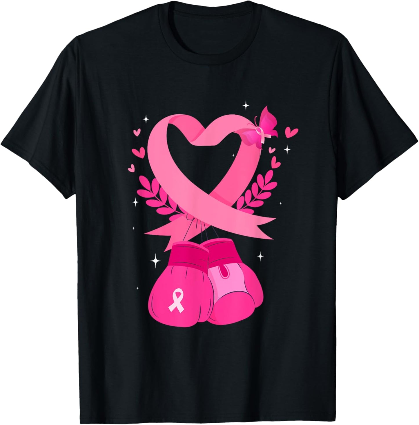 Breast Cancer Awareness Pink Ribbon Heart Boxing Gloves T-Shirt - T-Shirt | Black