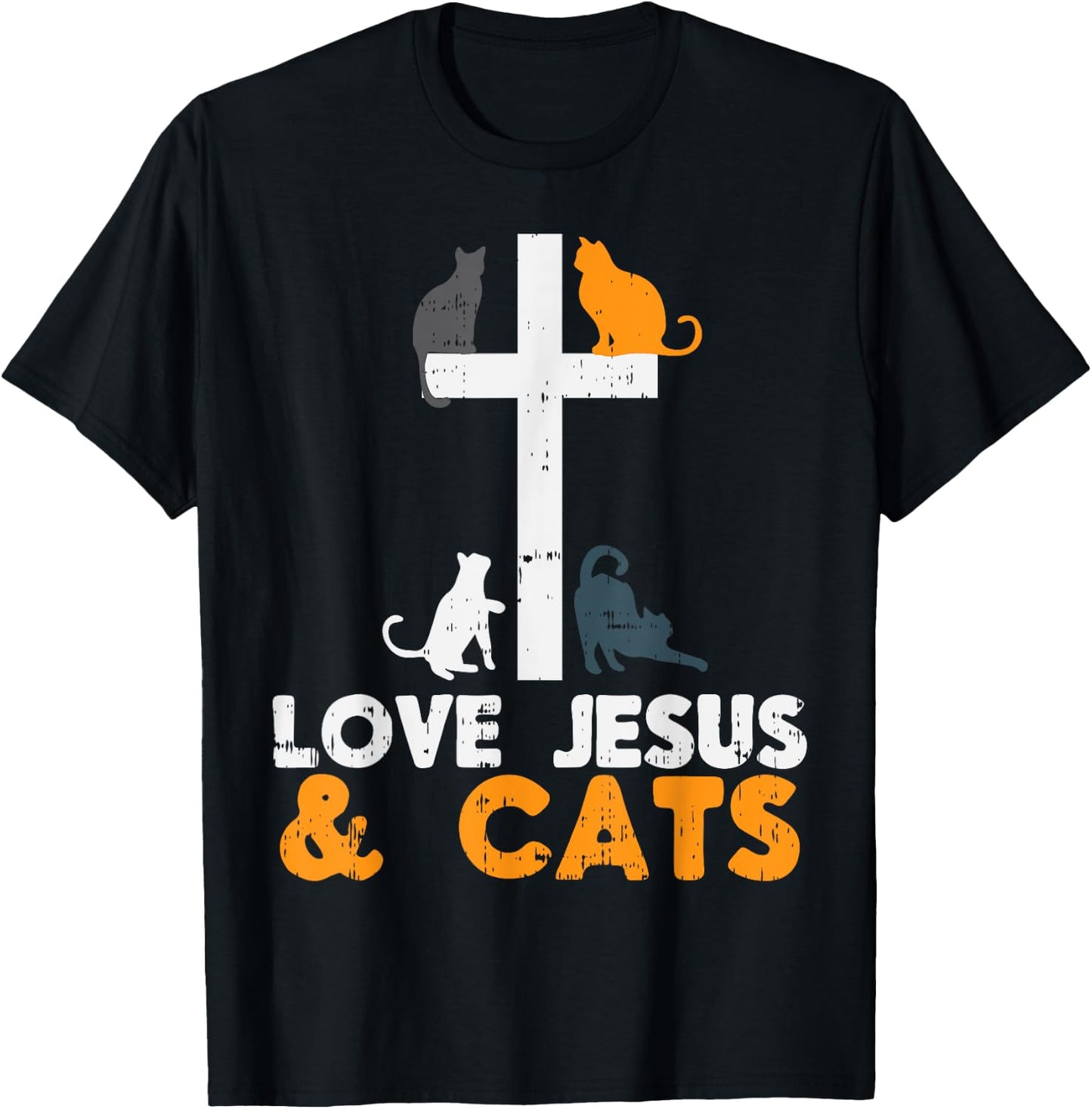 Cross Love Jesus Cats Animal God Christian Pet Lover Gift T-Shirt - T-Shirt | Black