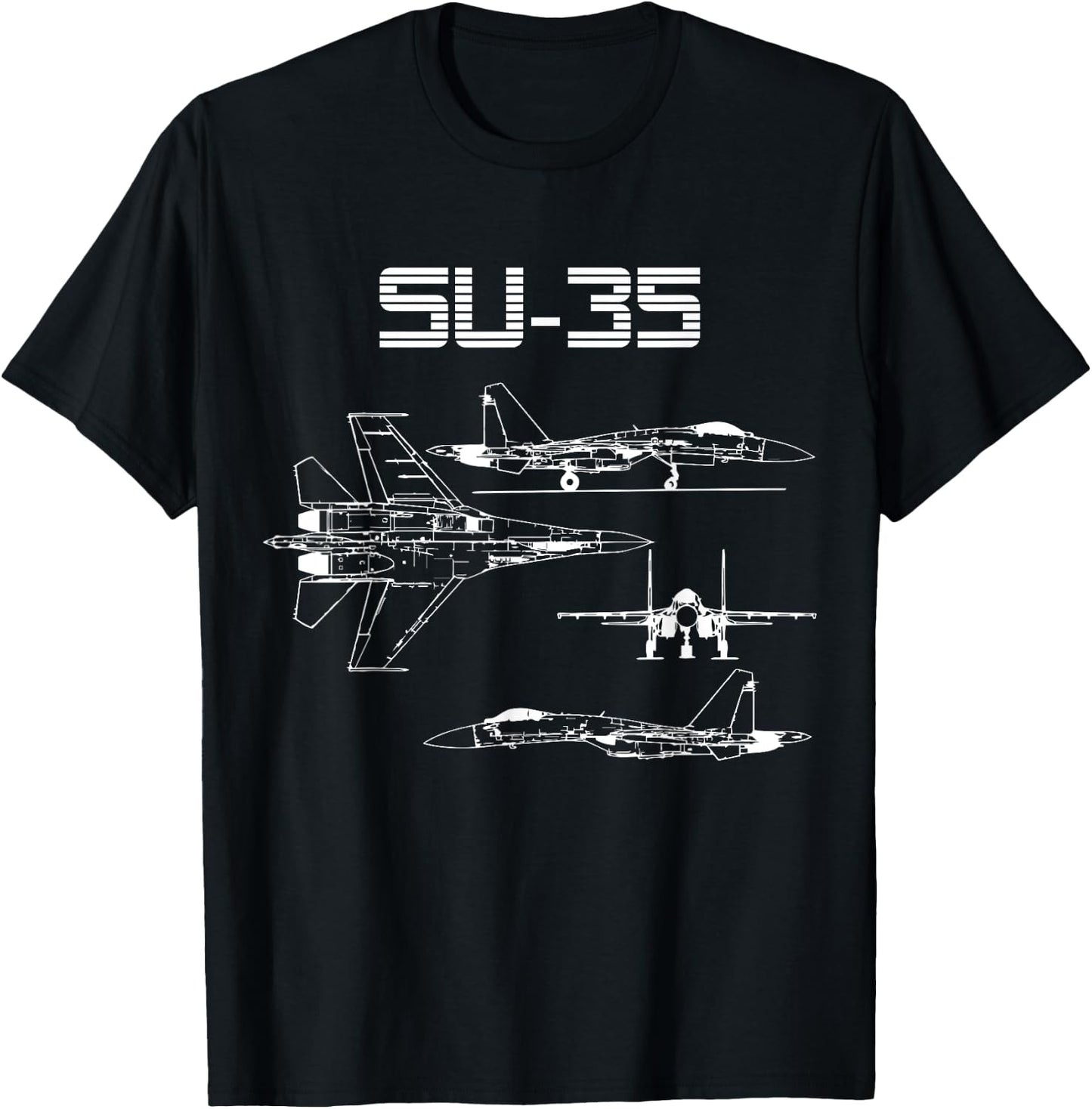 Su-35 Fighter Plane Warbird Blueprint Schematics Diagram T-Shirt - T-Shirt | Black