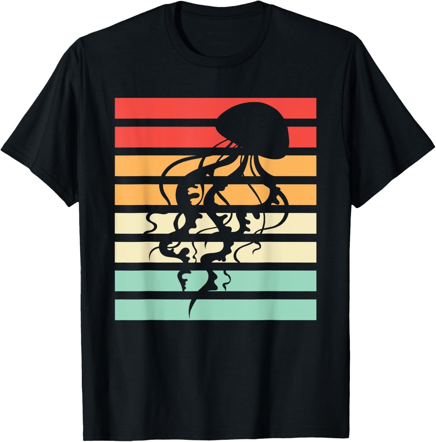 Ocean Animal Beautiful Jellyfish -Adults Black Retro Jellyfish T-Shirt - T-Shirt | Black