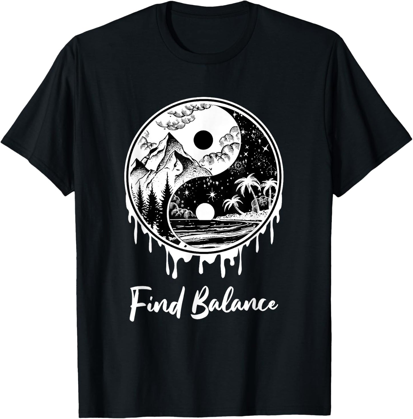 Yin Yang Find Balance Symbol Nature Night Day Mountain Beach Men Women T-Shirt - T-Shirt | Black