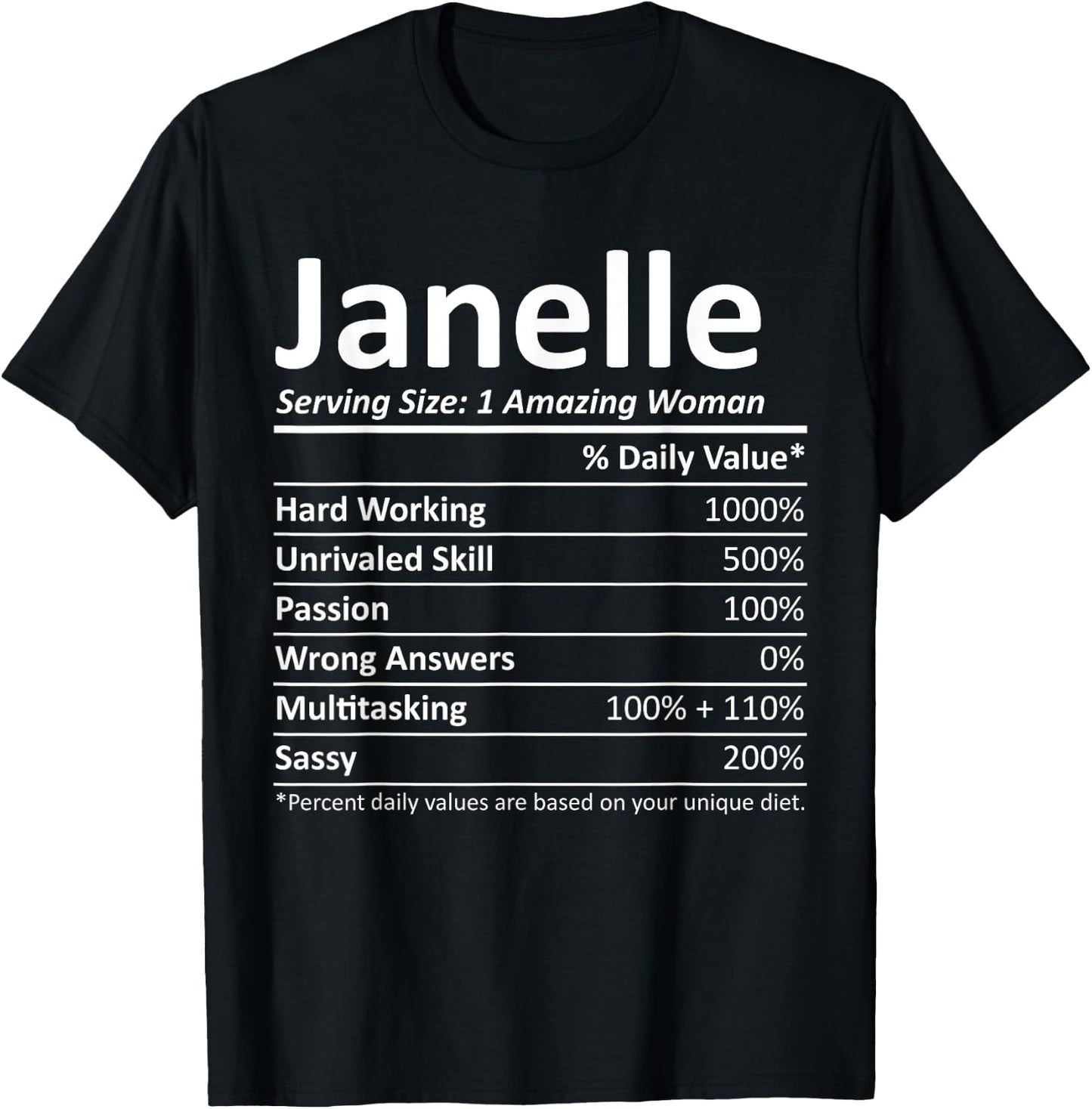 Custom Girl Women Mom Fun Birthday Nutrition Facts Janelle Personalized Name Funny T-Shirt - T-Shirt | Black
