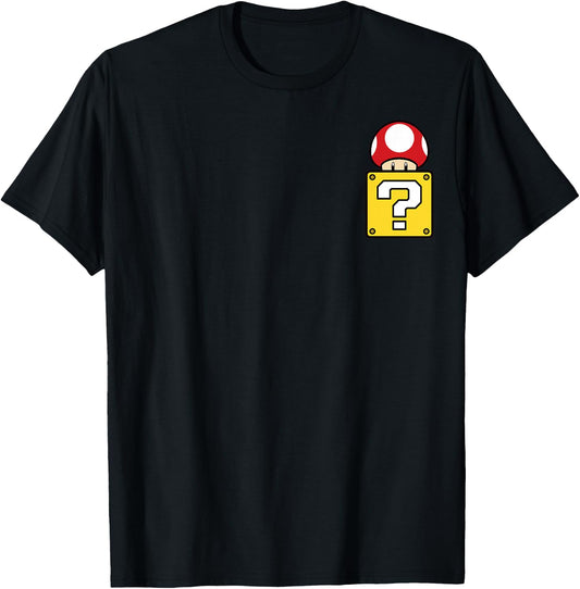 Super Mario Mystery Box Mushroom Left Chest T-Shirt - T-Shirt | Black