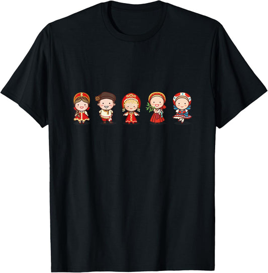 Cute Traditional Russian Characters In Russian Clothing T-Shirt - T-Shirt | Black
