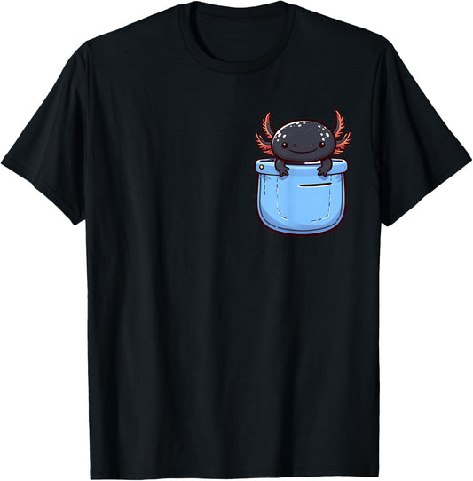 Cute Axolotl in Pocket for Kids, Boys, Girls, Women T-Shirt - T-Shirt | Black