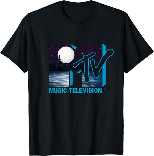 Mademark x MTV - The official original MTV Logo with Full Moon above the City T-Shirt - T-Shirt | Black