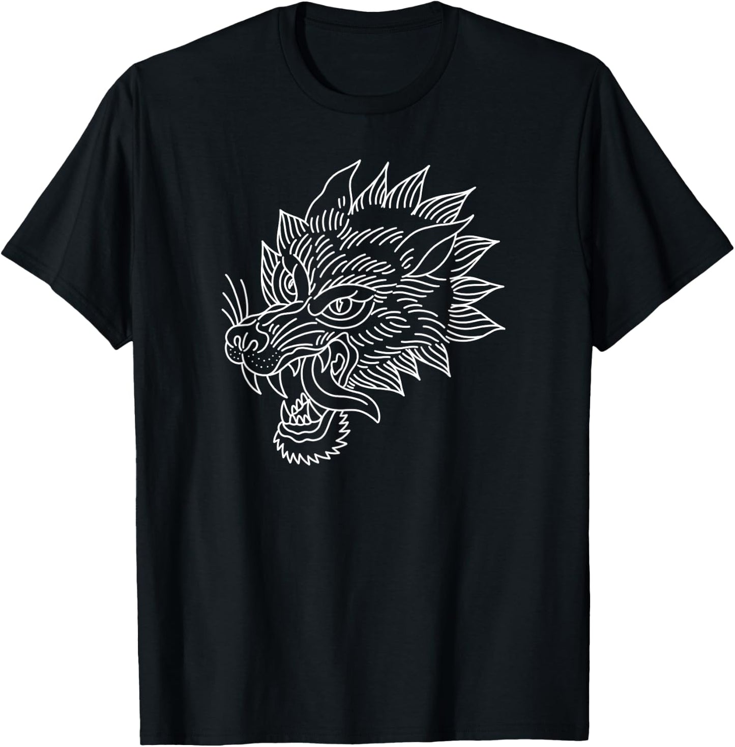 American Traditional Wolf Head Outline Tattoo T-Shirt - T-Shirt | Black