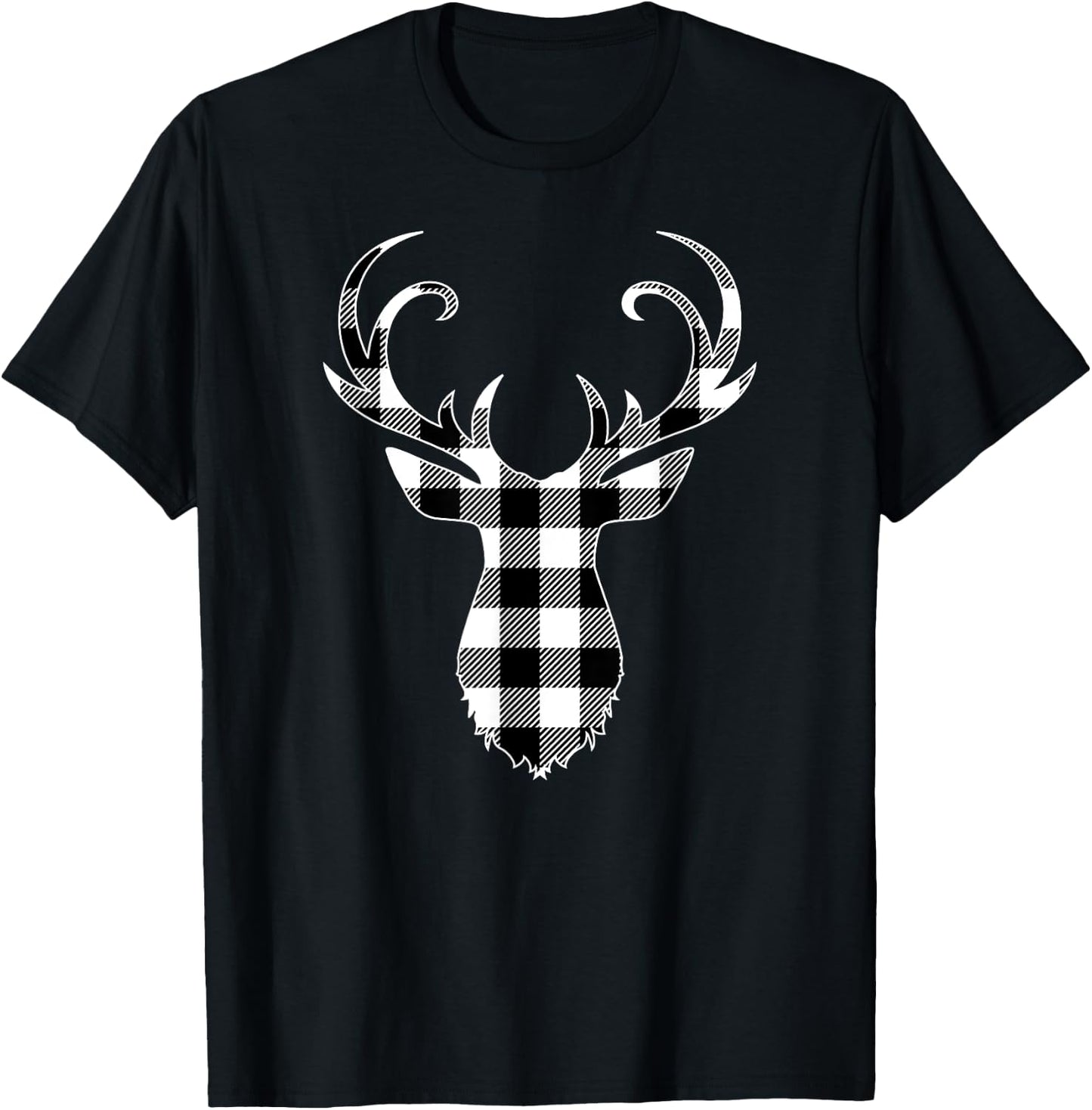 Black & White Classic Christmas Buffalo Plaid Deer Head T-Shirt - T-Shirt | Black