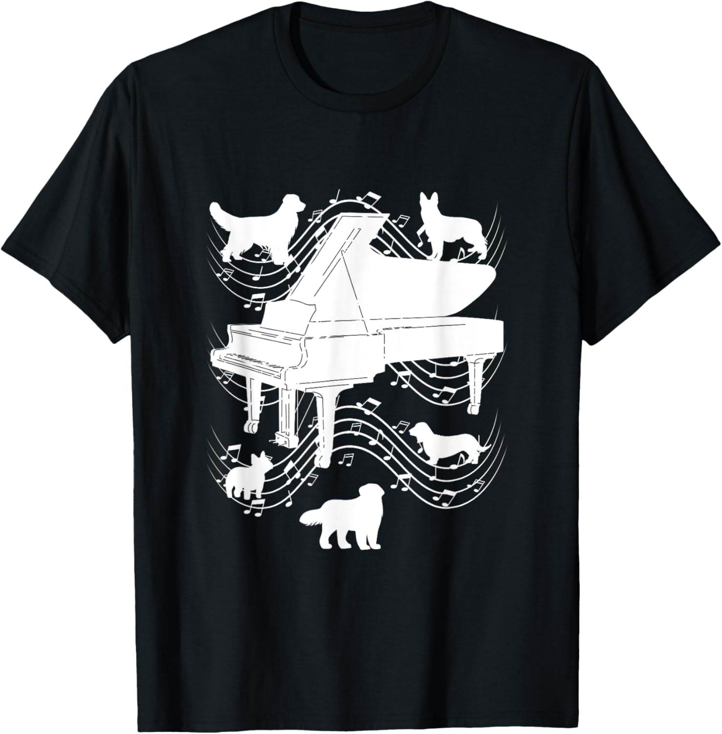 Piano Dog Shirt Musical Notes Musician Pianist Dog Lover T-Shirt - T-Shirt | Black