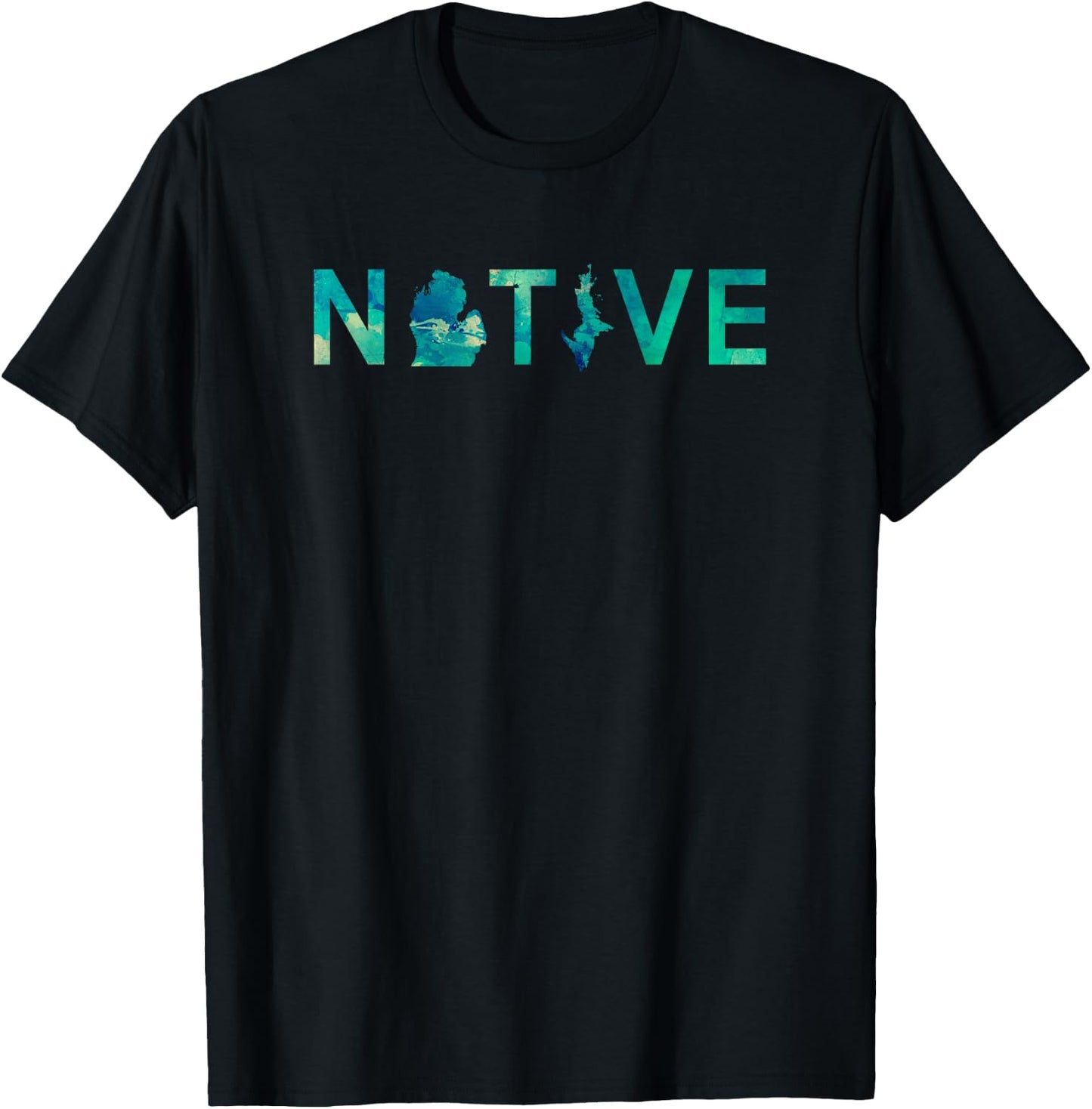 Native Michigander State Map Letter Green Watercolor Art Fan T-Shirt - T-Shirt | Black