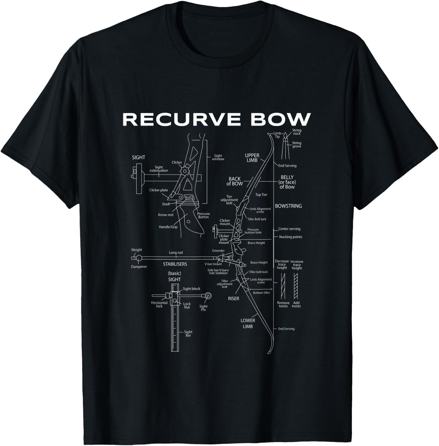 Recurve Bow Schematic Archery Blueprint Bow Hunting T-Shirt - T-Shirt | Black