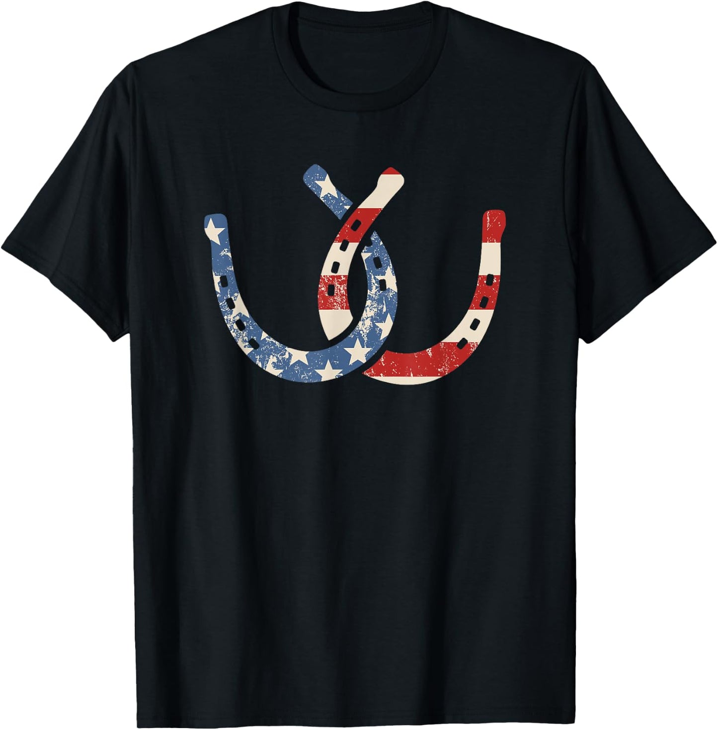 Horseshoe Flag July 4th Horseback Riding Horse Equestrian T-Shirt - T-Shirt | Black