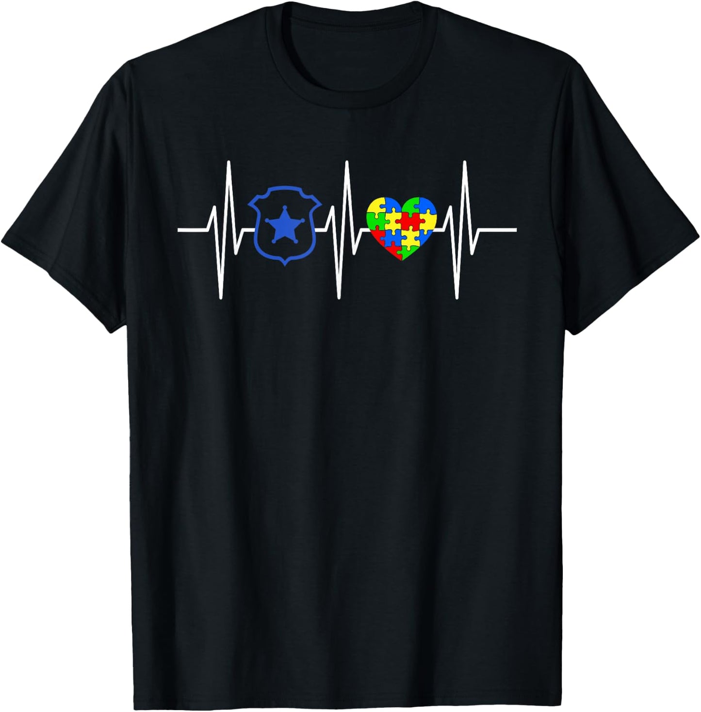 Police Autism Awareness Shirt Colored Puzzle Heart T-Shirt - T-Shirt | Black