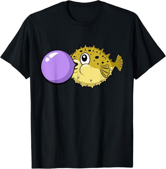 Funny Cute Kawaii Blowfish Pufferfish Gum Bubble T-Shirt - T-Shirt | Black