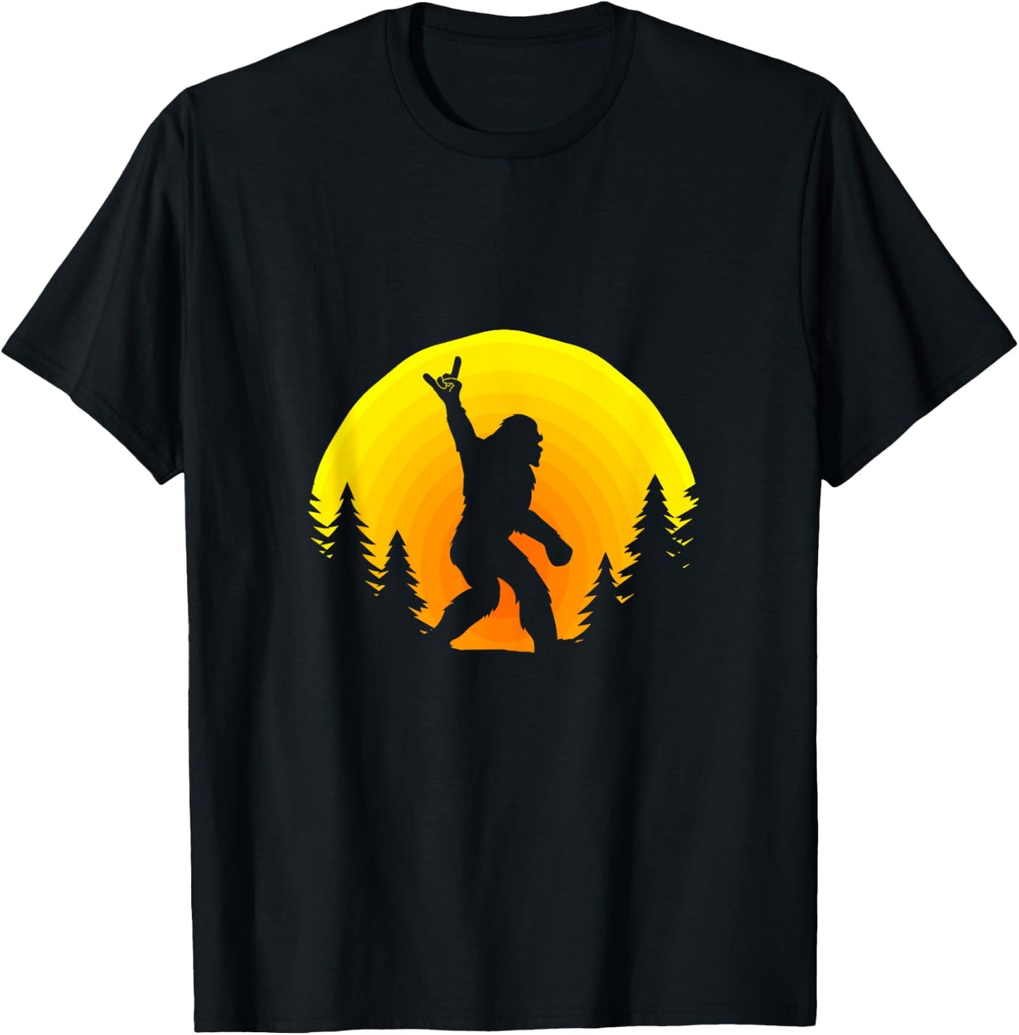 Funny Bigfoot Rock and Roll Sasquatch Believer Sunset T-Shirt - T-Shirt | Black
